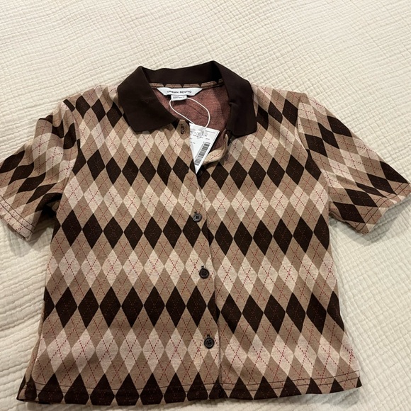 Cropped polo short sleeve shirt, brown argyle print NWT. Purchased in Singapore. - Picture 1 of 4
